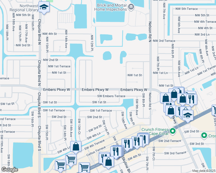 map of restaurants, bars, coffee shops, grocery stores, and more near 1051 Embers Parkway West in Cape Coral