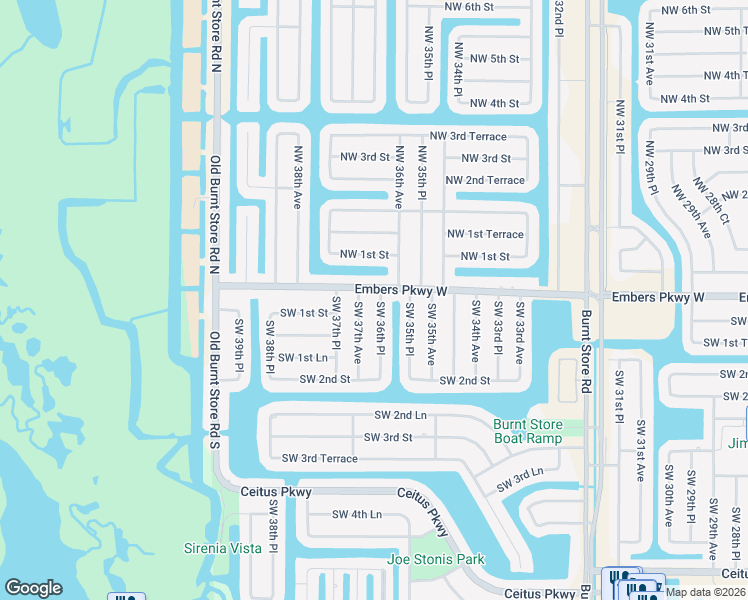 map of restaurants, bars, coffee shops, grocery stores, and more near 9 Southwest 36th Place in Cape Coral