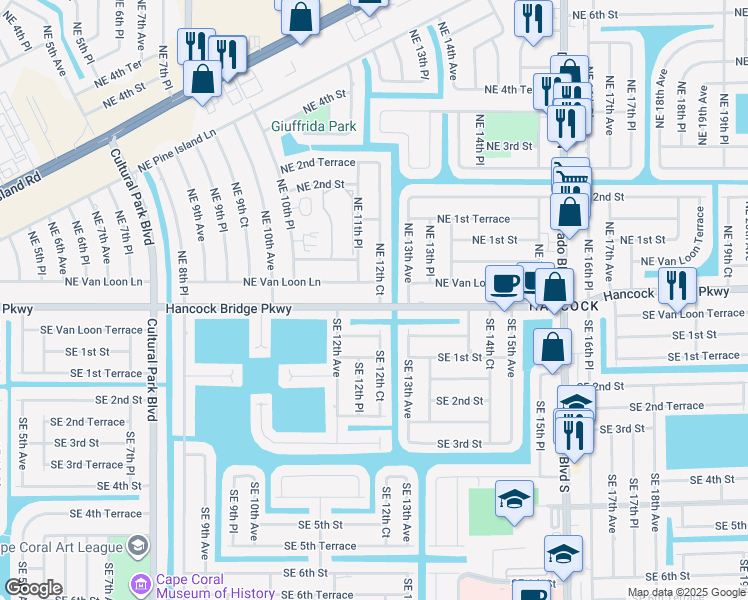 map of restaurants, bars, coffee shops, grocery stores, and more near 1225 Hancock Bridge Parkway in Cape Coral