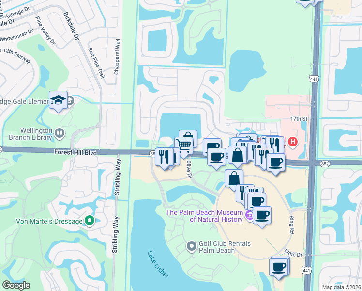 map of restaurants, bars, coffee shops, grocery stores, and more near 1963 Waterside Court West in Wellington
