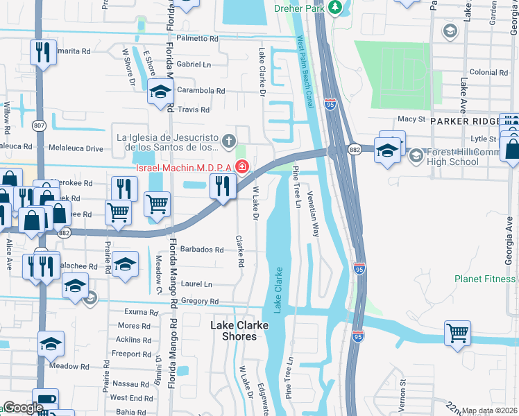 map of restaurants, bars, coffee shops, grocery stores, and more near 7116 West Lake Drive in West Palm Beach