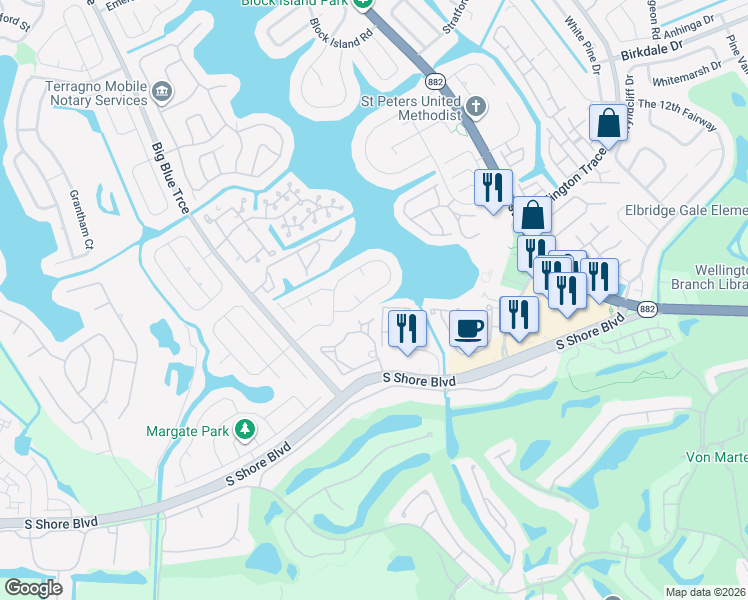 map of restaurants, bars, coffee shops, grocery stores, and more near 12623 White Coral Drive in Wellington