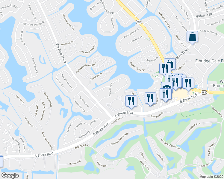 map of restaurants, bars, coffee shops, grocery stores, and more near 12682 White Coral Dr in Wellington