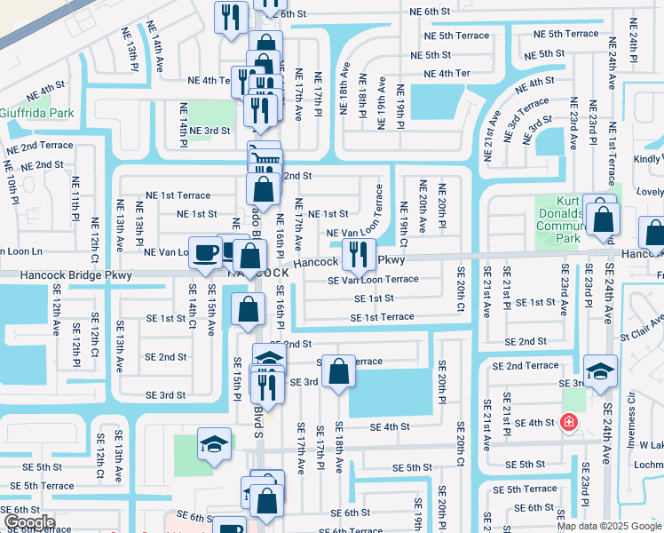 map of restaurants, bars, coffee shops, grocery stores, and more near 1722 Hancock Bridge Parkway in Cape Coral