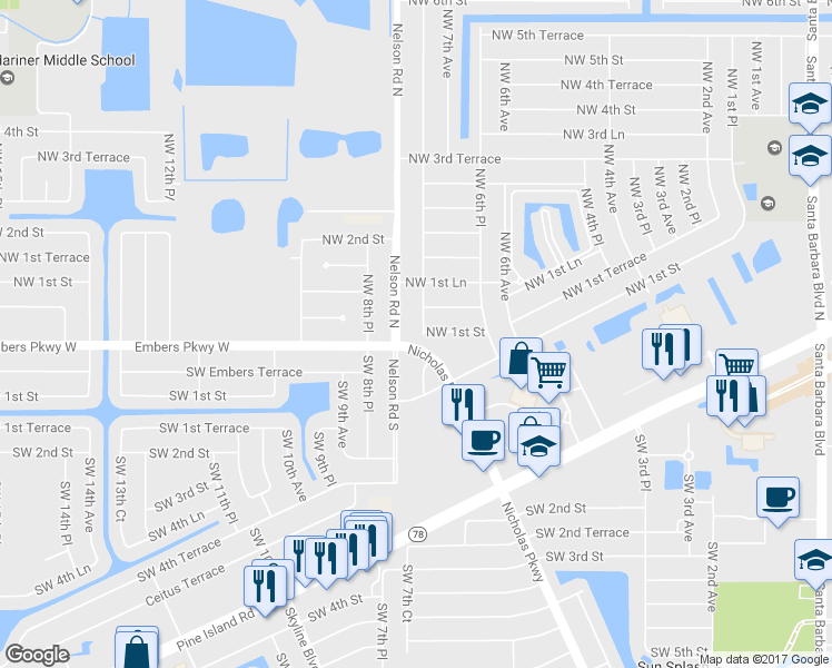 map of restaurants, bars, coffee shops, grocery stores, and more near 138 NW 7th Pl in Cape Coral