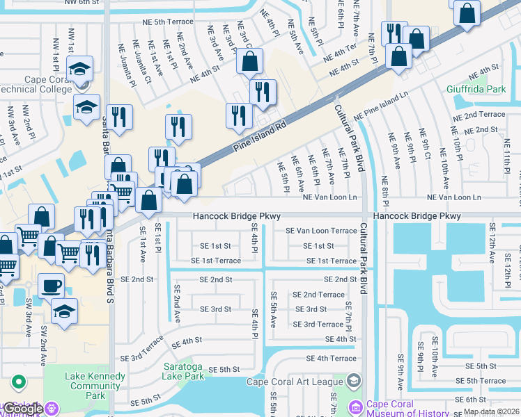 map of restaurants, bars, coffee shops, grocery stores, and more near 427 Hancock Bridge Parkway in Cape Coral