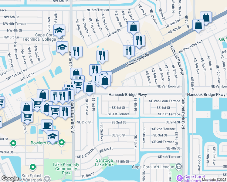 map of restaurants, bars, coffee shops, grocery stores, and more near 221 Hancock Bridge Parkway in Cape Coral