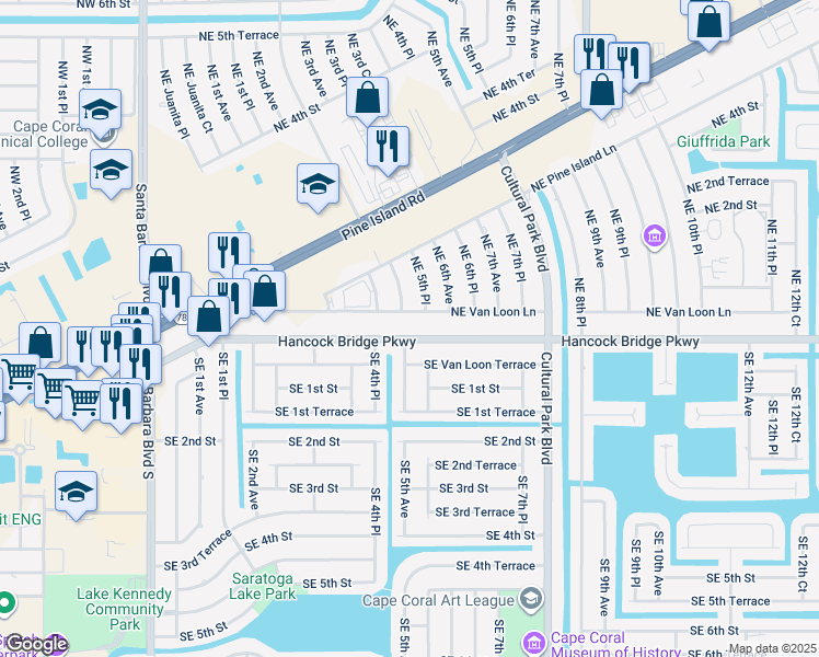 map of restaurants, bars, coffee shops, grocery stores, and more near 427 Hancock Bridge Parkway in Cape Coral