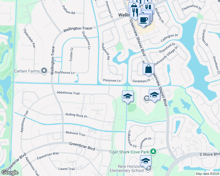 map of restaurants, bars, coffee shops, grocery stores, and more near 2040 Galloway Trail in Wellington