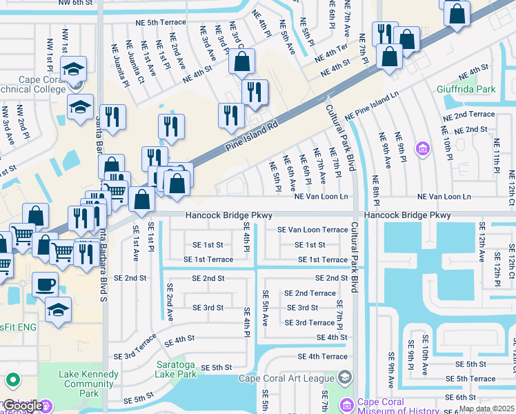 map of restaurants, bars, coffee shops, grocery stores, and more near 427 Hancock Bridge Parkway in Cape Coral