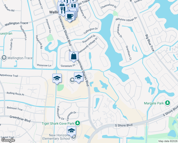 map of restaurants, bars, coffee shops, grocery stores, and more near 2044 Greenview Shores Boulevard in Wellington