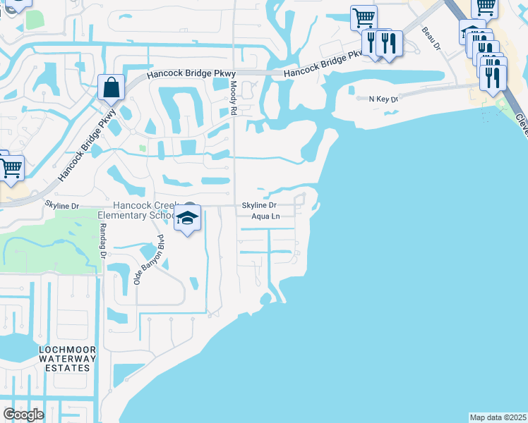 map of restaurants, bars, coffee shops, grocery stores, and more near 63 Aqua Lane in North Fort Myers