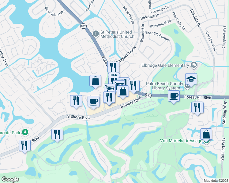 map of restaurants, bars, coffee shops, grocery stores, and more near 11924 Forest Hill Boulevard in Wellington