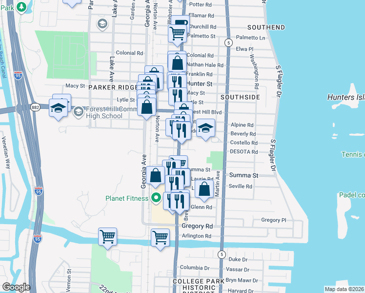 map of restaurants, bars, coffee shops, grocery stores, and more near 7201 South Dixie Highway in West Palm Beach