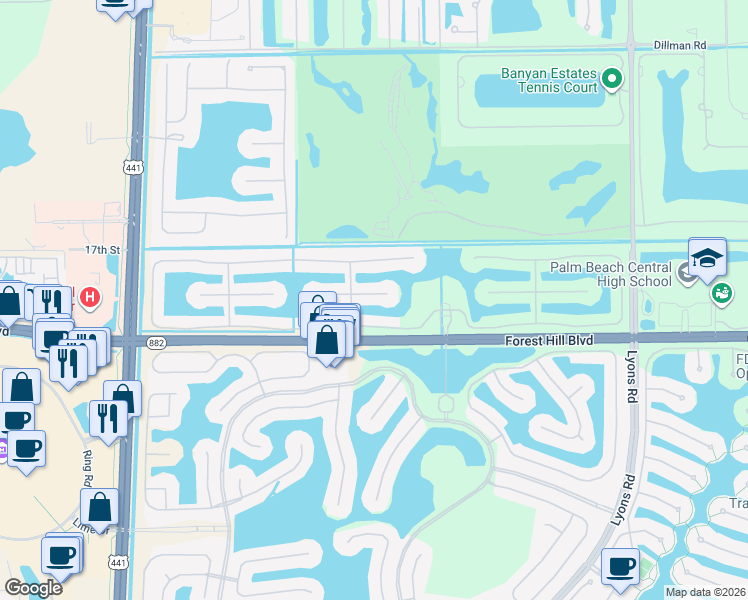 map of restaurants, bars, coffee shops, grocery stores, and more near 9230 Via Classico East in Wellington