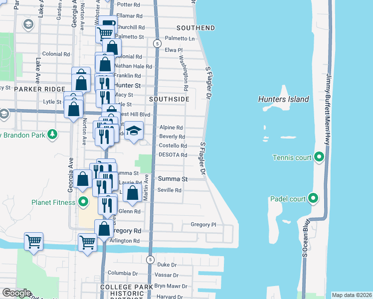 map of restaurants, bars, coffee shops, grocery stores, and more near 127 Desota Road in West Palm Beach
