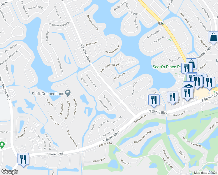 map of restaurants, bars, coffee shops, grocery stores, and more near Big Blue Trace & Shoreline Dr in Wellington