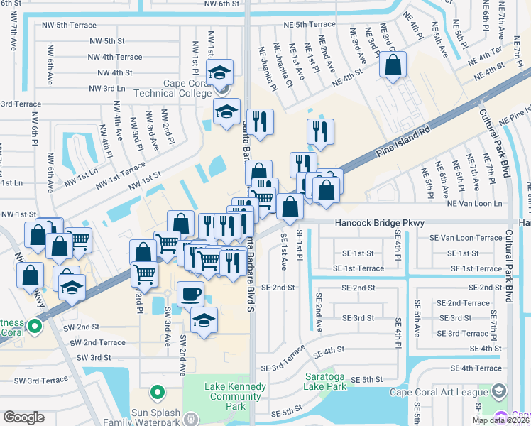 map of restaurants, bars, coffee shops, grocery stores, and more near 1490 Northeast Pine Island Road in Cape Coral