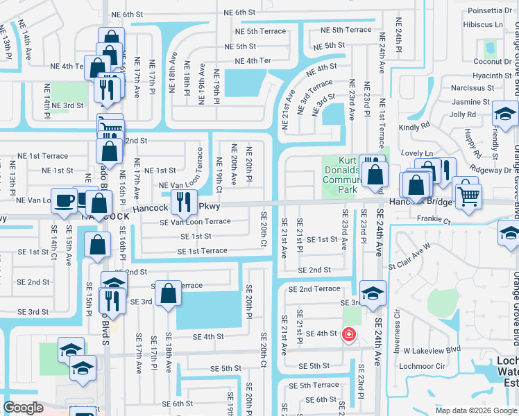 map of restaurants, bars, coffee shops, grocery stores, and more near 6 Southeast 20th Court in Cape Coral
