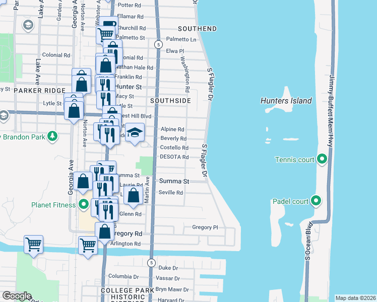 map of restaurants, bars, coffee shops, grocery stores, and more near 127 Desota Road in West Palm Beach