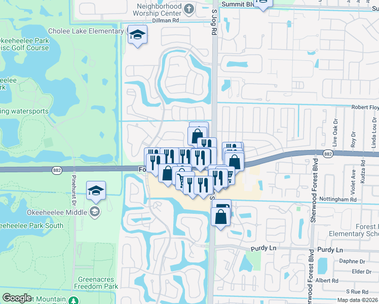 map of restaurants, bars, coffee shops, grocery stores, and more near 1756 Sawgrass Circle in Greenacres