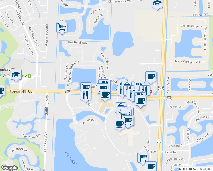 map of restaurants, bars, coffee shops, grocery stores, and more near 10502 Pelican Drive in Wellington