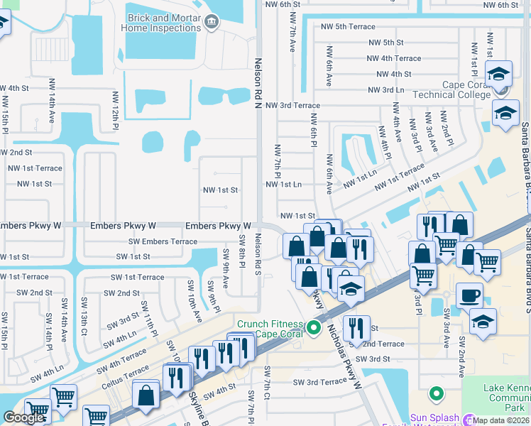 map of restaurants, bars, coffee shops, grocery stores, and more near 138 Northwest 7th Place in Cape Coral