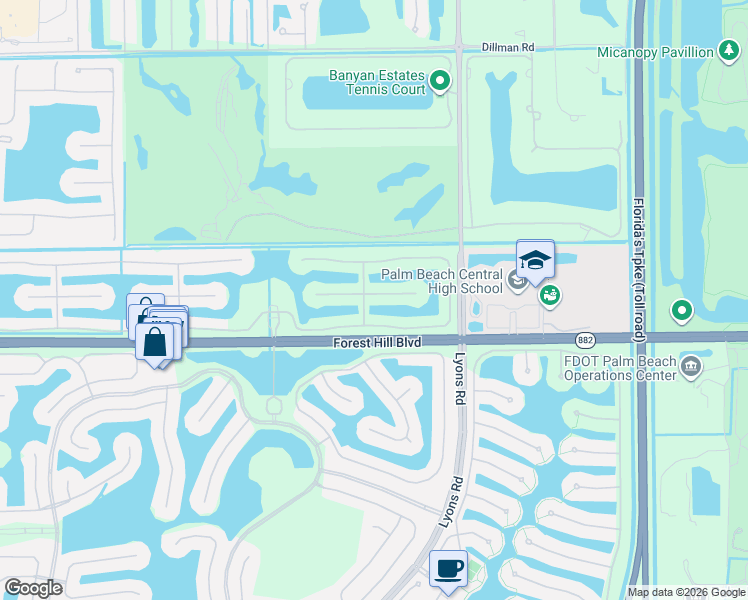 map of restaurants, bars, coffee shops, grocery stores, and more near 8768 Vía Prestigio East in Wellington