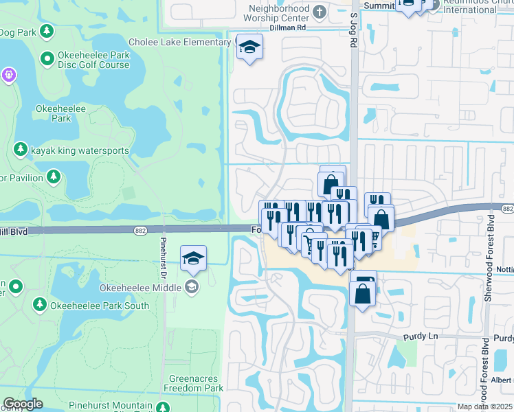 map of restaurants, bars, coffee shops, grocery stores, and more near 1716 Sawgrass Circle in Greenacres