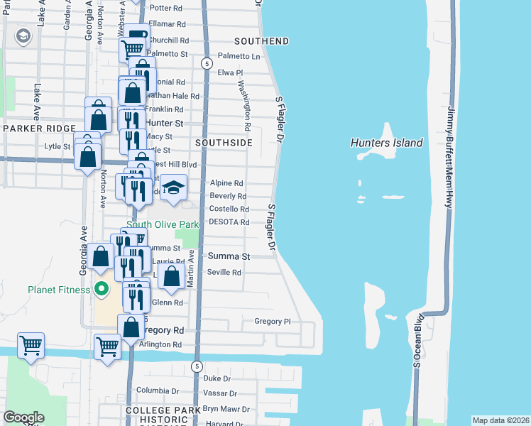 map of restaurants, bars, coffee shops, grocery stores, and more near 7103 South Flagler Drive in West Palm Beach