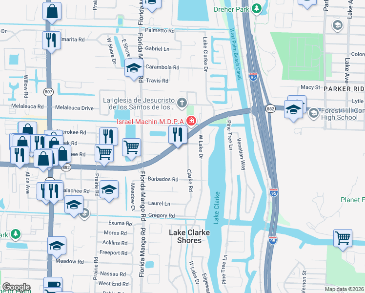 map of restaurants, bars, coffee shops, grocery stores, and more near 1740 Carissa Road in West Palm Beach