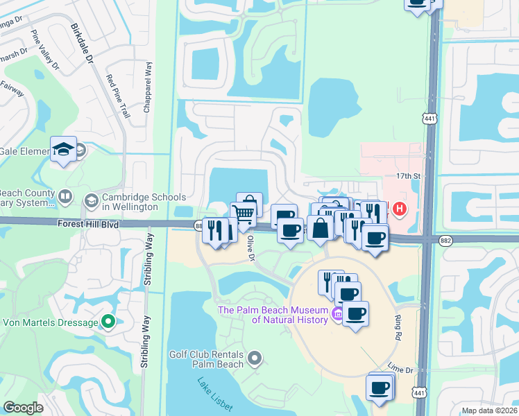 map of restaurants, bars, coffee shops, grocery stores, and more near 1954 Waterside Court East in Wellington