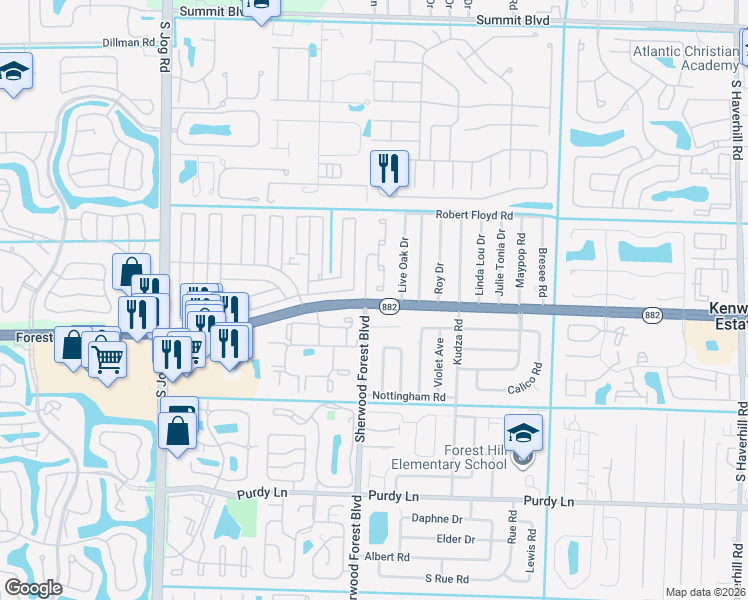 map of restaurants, bars, coffee shops, grocery stores, and more near 5975 Forest Hill Boulevard in West Palm Beach