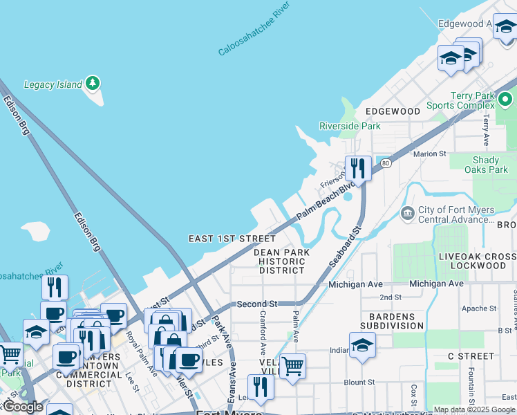 map of restaurants, bars, coffee shops, grocery stores, and more near 2745 First Street in Fort Myers