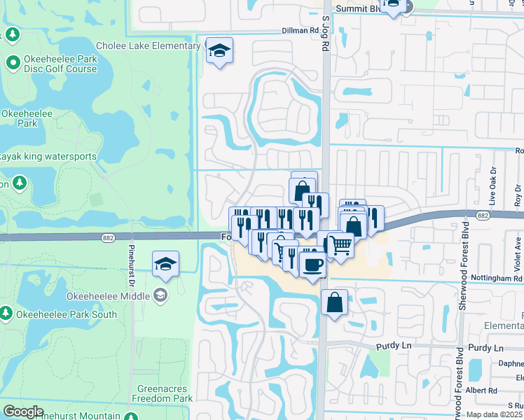 map of restaurants, bars, coffee shops, grocery stores, and more near 1822 Shadow Creek Road in Greenacres