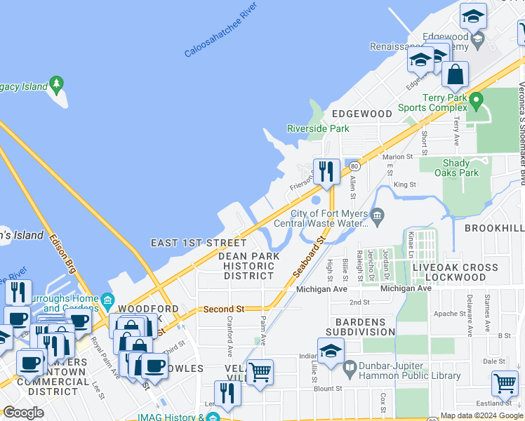 map of restaurants, bars, coffee shops, grocery stores, and more near 2825 Palm Beach Boulevard in Fort Myers