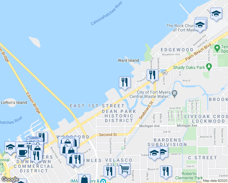 map of restaurants, bars, coffee shops, grocery stores, and more near 2745 First Street in Fort Myers