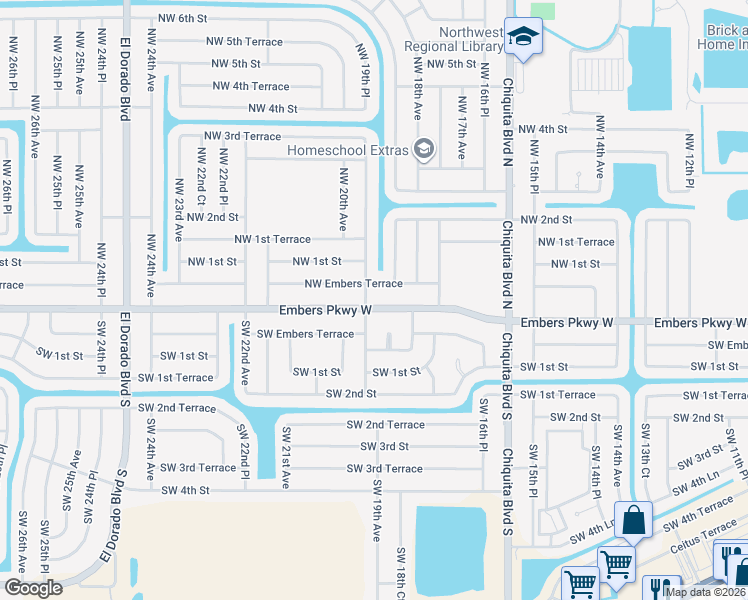 map of restaurants, bars, coffee shops, grocery stores, and more near 1818 Embers Parkway West in Cape Coral