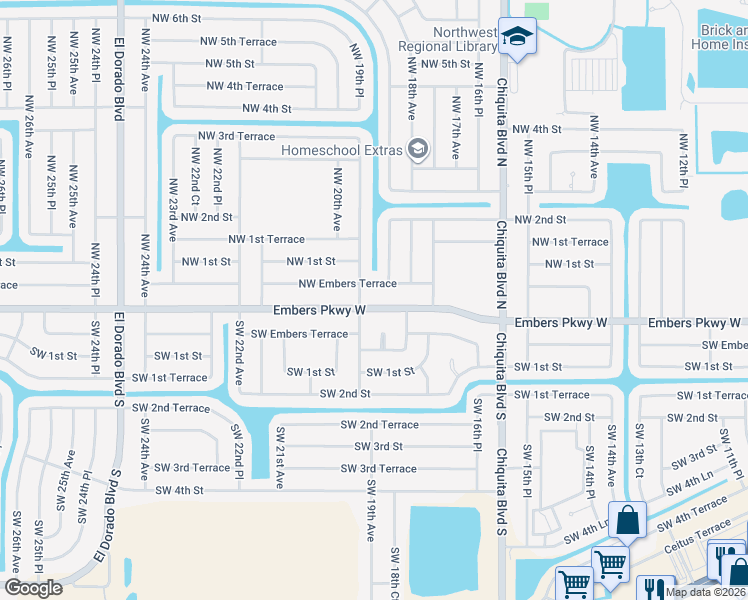 map of restaurants, bars, coffee shops, grocery stores, and more near 1818 Embers Parkway West in Cape Coral