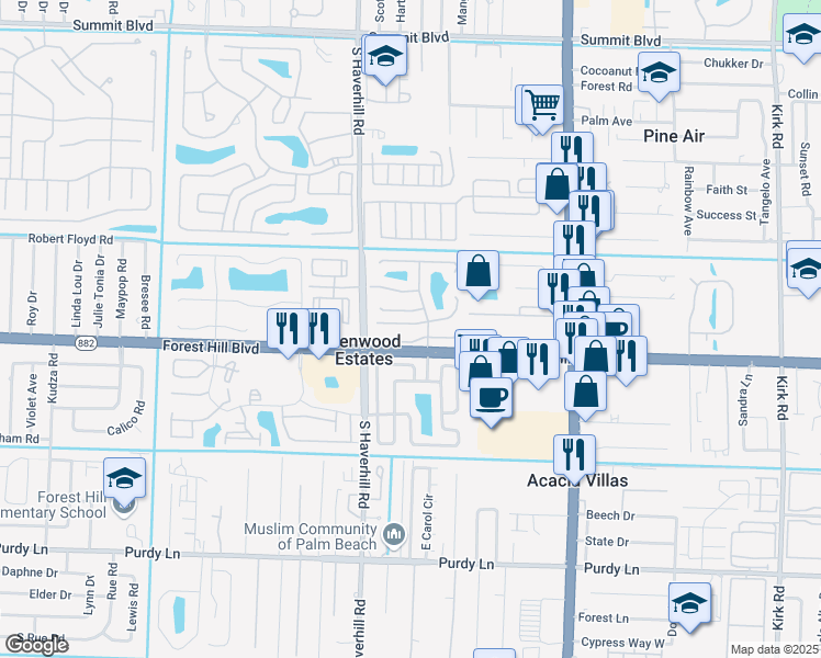 map of restaurants, bars, coffee shops, grocery stores, and more near 5002 Pimlico Court in West Palm Beach