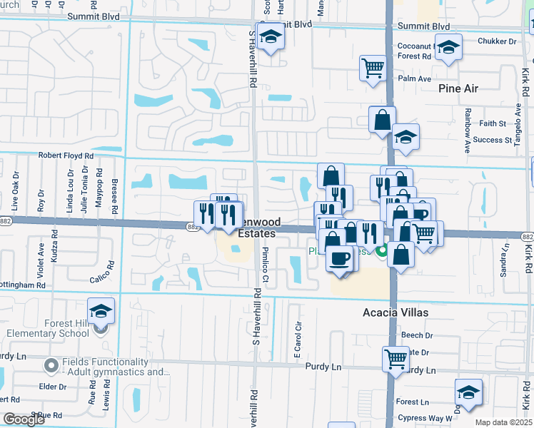 map of restaurants, bars, coffee shops, grocery stores, and more near 5002 Pimlico Court in West Palm Beach