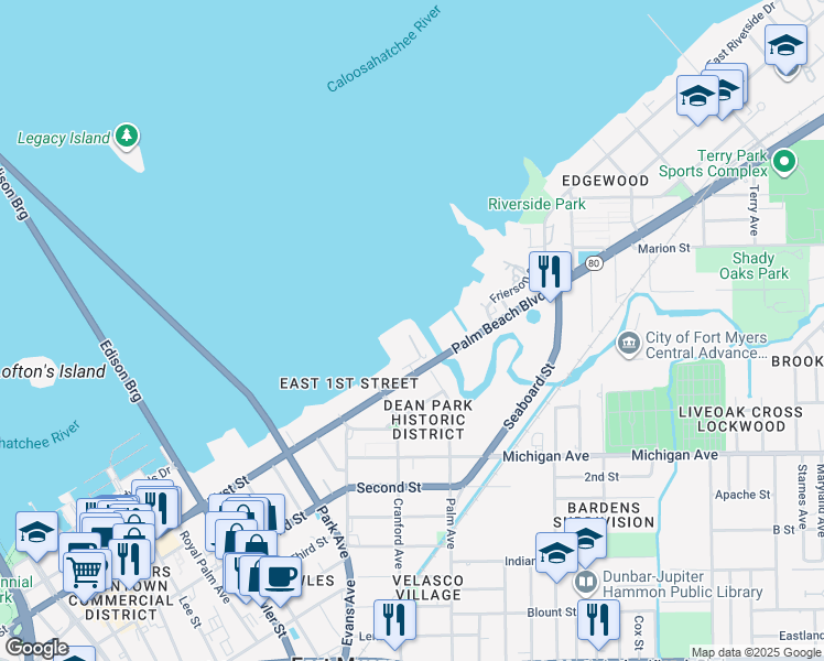 map of restaurants, bars, coffee shops, grocery stores, and more near 2745 First Street in Fort Myers