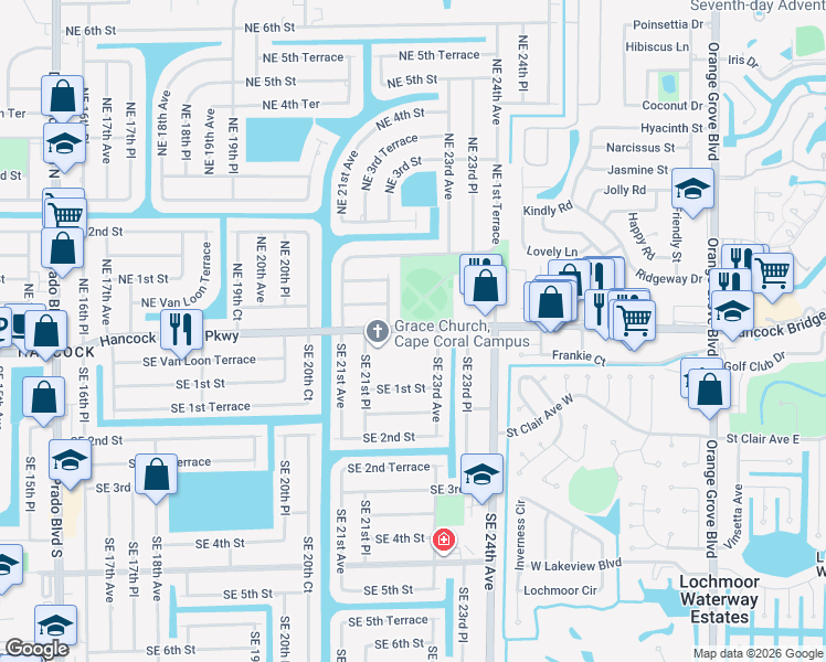 map of restaurants, bars, coffee shops, grocery stores, and more near 2220 SE 1st St in Cape Coral