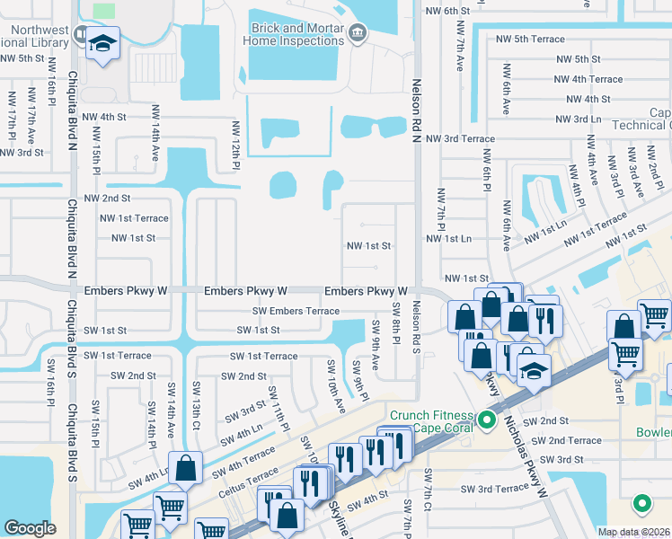map of restaurants, bars, coffee shops, grocery stores, and more near 1003 Embers Parkway West in Cape Coral