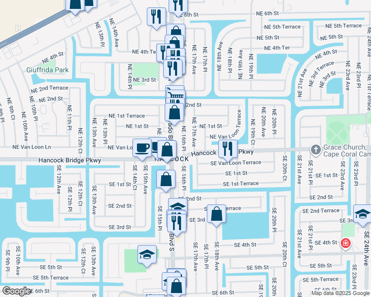 map of restaurants, bars, coffee shops, grocery stores, and more near 5 Northeast 16th Place in Cape Coral