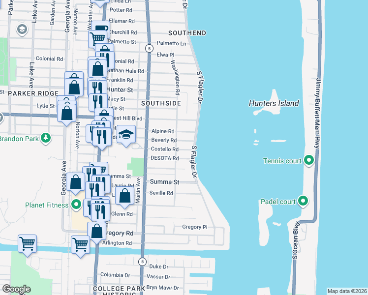 map of restaurants, bars, coffee shops, grocery stores, and more near 127 Desota Road in West Palm Beach