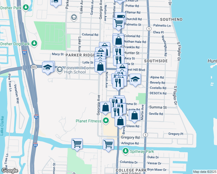 map of restaurants, bars, coffee shops, grocery stores, and more near 444 Kern Street in West Palm Beach