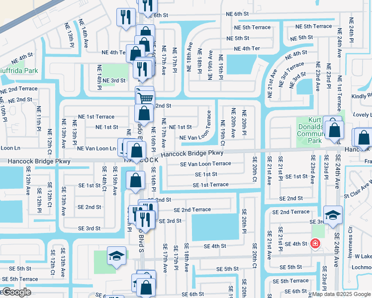 map of restaurants, bars, coffee shops, grocery stores, and more near 1722 Hancock Bridge Parkway in Cape Coral