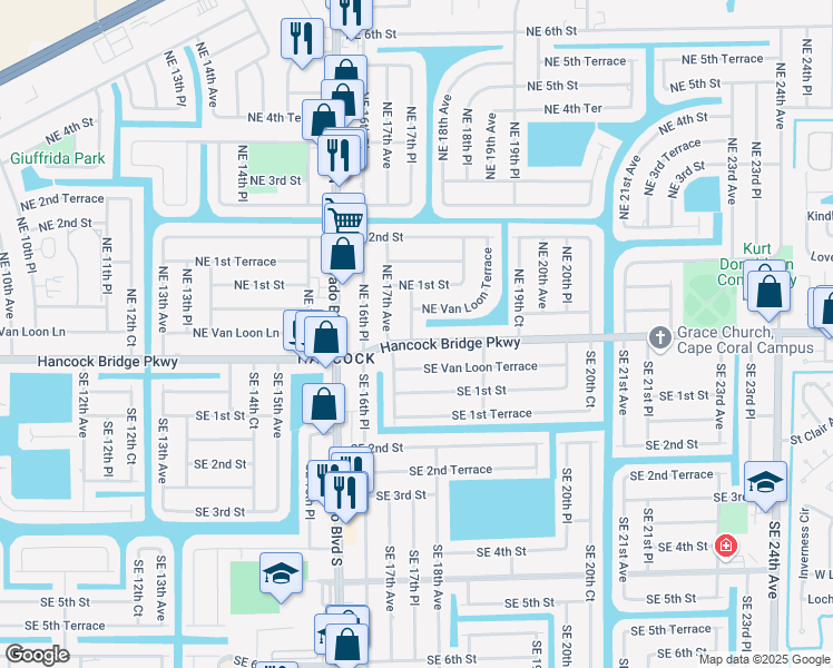 map of restaurants, bars, coffee shops, grocery stores, and more near 1715 Hancock Bridge Pkwy in Cape Coral