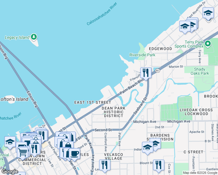map of restaurants, bars, coffee shops, grocery stores, and more near 2745 First Street in Fort Myers